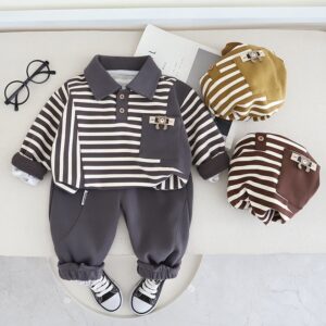 Kids Toddler Boys Casual Cute Cartoon Stripe Long Sleeve Lapel Sweatshirts Trousers Set