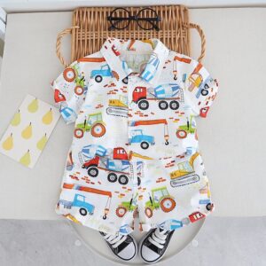 Kids Toddler Boys Casual Cute Cartoon Print Short Sleeve Lapel Shirt Shorts Set