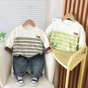 Kids Toddler Boys Casual Cute Stripe Long Sleeve Round Neck Sweatshirts Jeans Set