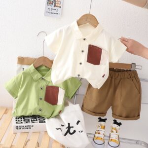 Kids Toddler Boys Fashion Casual Colorblock Short Sleeve Lapel Shirt Shorts Set