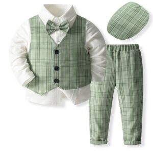 Kids Toddler Boys Party British Style Plaid Vest Long Sleeve Lapel Shirt Trousers Set