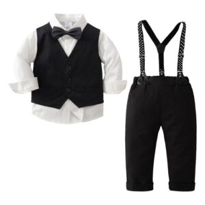 Kids Toddler Boys Party British Style Vest Long Sleeved Lapel Shirt Suspender Pants Set
