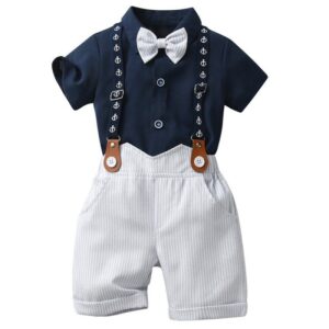 Kids Toddler Boys Party British Style Short-Sleeved Lapel Shirt Suspender Pants Set