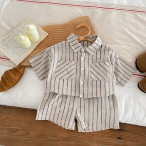 Kids Toddler Boys Fashion Casual Stripe Print Short Sleeve Lapel Shirt Shorts Set