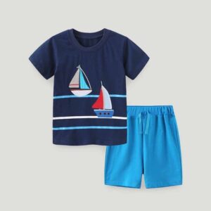 Kids Toddler Boys Casual Sport Sailing Embroidery Shorts Round Neck T-Shirt Shorts Set