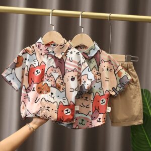 Kids Boys Casual Cartoon Cat All Over Print Lapel Short Sleeve Single-breasted Shirt And Elastic Shorts Set