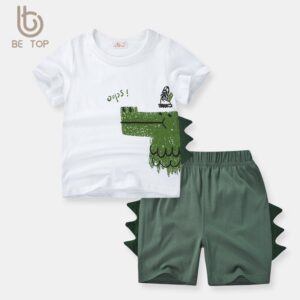 Boys Casual Dinosaur Pattern Round Neck Short Sleeve T-Shirt And Shorts Two-piece Set
