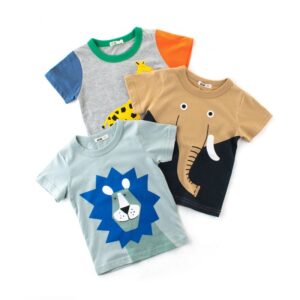 Boys Cute Cartoon Animal Lion Elephant Giraffe Round Neck Short-sleeved T-Shirt