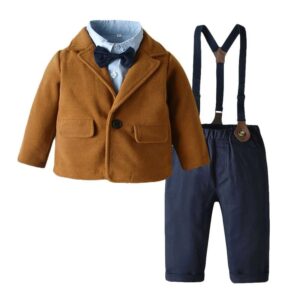 Toddler Boys Preppy Long Sleeve Lapel Coat And Single-breasted Shirt With Overalls Three-piece Set