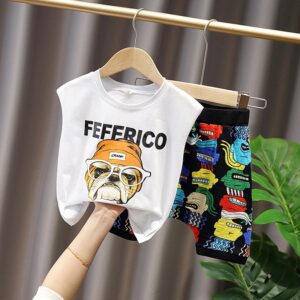 Boys Fashion Puppy Letter Pattern Vest And Cartoon Pattern Shorts Set