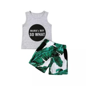 Boys Fashion Letter Printed Vest And Plants Pattern Shorts Set