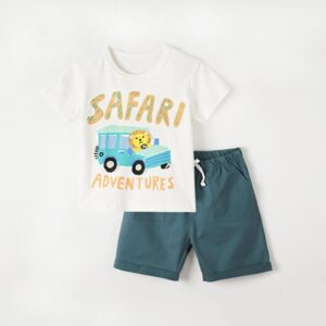 Boys Fashion Animal Letter Pattern T-Shirt And Solid Color Shorts Set