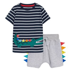 Boys Cute Dinosaur Pattern Striped T-Shirt And Shorts Set