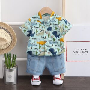 Cartoon Printing Short Sleeve Shirt And Solid Color Shorts Set
