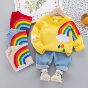 Boys Rainbow Pattern Round Neck Tops And Pants Two-piece Set