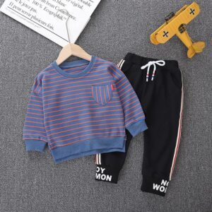 Boys Round Neck Striped Tops And Letter Printed Pants Set