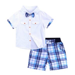 Boys Simple Short-sleeves Single-breasted Shirt And Plaid Shorts Set