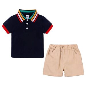 Boys Fashion Rainbow Collar Polo Shirt And Solid Color Shorts Set