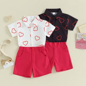 Kids Toddler Boys Valentine Cute Heart Print Short Sleeve Lapel Shirt Shorts Set