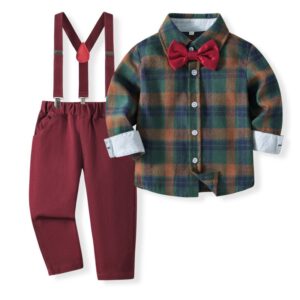 Kids Toddler Boys Party Clothing British Style Plaid Long Sleeve Lapel Shirt Suspender Pants Set