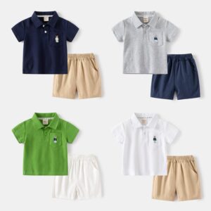 Kids Toddler Big Boys Casual Cartoon Embroidery Short Sleeve Lapel Polo Shirt Shorts Set