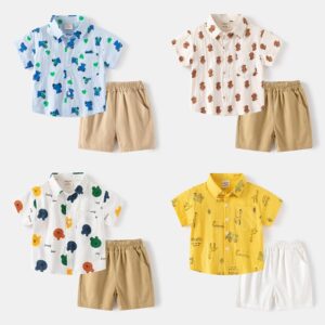 Kids Toddler Big Boys Casual Cartoon Print Short Sleeve Lapel Shirt Shorts Set
