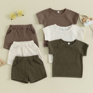 Kids Toddler Boys Summer Casual Solid Color Waffley Short Sleeve Round Neck T-Shirt Shorts Set
