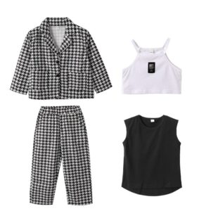 Kids Toddler Big Boys Girls Fashion Casual Houndstooth Tank Top Long Sleeve Lapel Coat Trousers 3 Piece Set