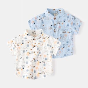 Kids Toddler Boys Casual Cute Cartoon Print Short Sleeve Stand Collar Shirt