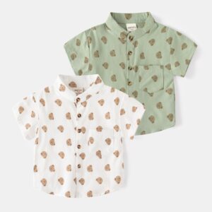 Kids Toddler Boys Casual Cute Cartoon Bear Print Short Sleeve Stand Collar Shirt