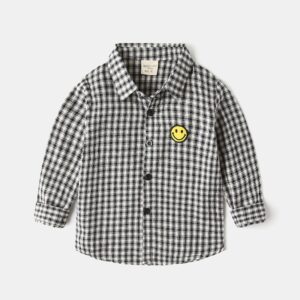 Kids Toddler Boys Fashion Casual Smiley Plaid Print Long Sleeve Lapel Shirt