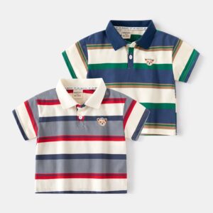 Kids Toddler Boys Casual Cute Embroidery Cartoon Bear Stripe Short Sleeve Lapel POLO Shirt