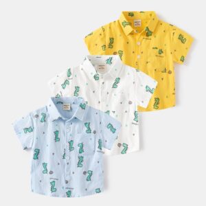 Kids Toddler Boys Casual Cute Cartoon Dinosaur Print Short Sleeve Lapel Shirt