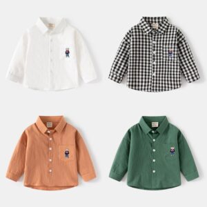 Kids Toddler Boys Fashion Casual Cute Cartoon Bear Print Long Sleeve Lapel Shirt