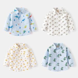 Kids Toddler Boys Fashion Casual Cartoon Dinosaur Print Long Sleeve Lapel Shirt