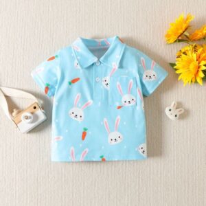 Kids Toddler Boys Easter Casual Cute Cartoon Bunny Print Short Sleeve Lapel Shirt