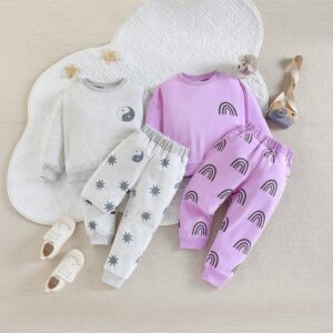 Kids Toddler Boys Girls Autumn Winter Casual Cute Rainbow Stripe Print Long Sleeve Round Neck Sweatshirts Pants Long Set