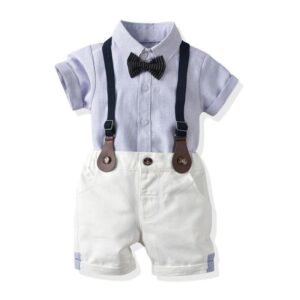 Kids Toddler Big Boys Party Clothing British Style Bow Stripe Short Sleeve Lapel Shirt Shorts Set
