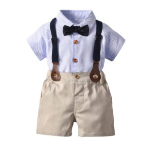 Kids Toddler Big Boys Party Clothing British Style Bow Stripe Short Sleeve Lapel Shirt Shorts Set