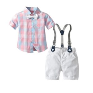 Kids Toddler Big Boys Party Clothing British Style Bow Plaid Short Sleeve Lapel Shirt Shorts Set