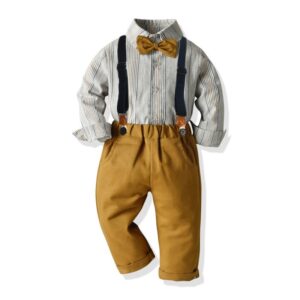 Kids Toddler Big Boys Party Clothing British Style Bow Stripe Long Sleeve Lapel Shirt Trousers Set