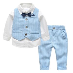 Kids Toddler Boys Party Clothing British Style Stripe Waistcoat Solid Color Long Sleeve Lapel Shirt Stripe Trousers Set