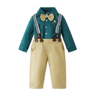 Kids Toddler Boys Party Clothing British Style Solid Color Polka Dot Print Long Sleeve Lapel Shirt Suspender Pants Set