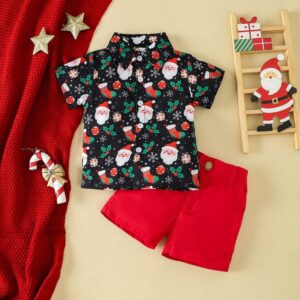 Kids Toddler Boys Party Santa Pattern Lapel Short Sleeve Shirt Shorts Sets