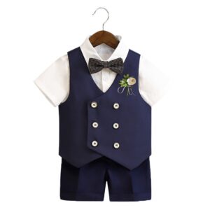 Kids Toddler Big Boys Summer Fashion Casual British Style Solid Color Bow Button Waistcoat Shirt Shorts Party Clothing Set