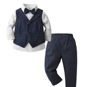 Kids Toddler Boys Spring Autumn Fashion Casual British Style Bow Waistcoat Shirt Trousers Boys Party Clothing Set
