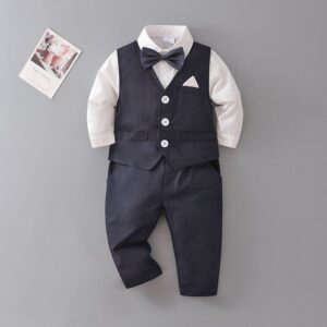 Kids Toddler Boys Spring Autumn Fashion Casual British Style Bow Waistcoat Shirt Trousers Boys Party Clothing Set