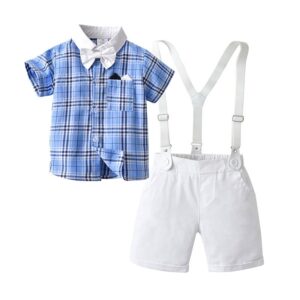 Kids Toddler Boys Summer Fashion Casual British Style Bow Playid Lapel Shirt Suspender Trousers Boys Party Clothing Set