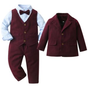 Kids Big Boys Spring Autumn Fashion Casual British Style Bow Waistcoat Lapel Shirt Trousers Outerwear Boys Party Clothing Set