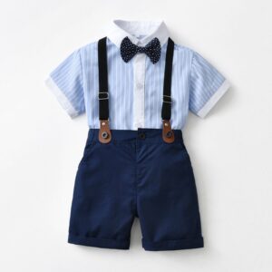 Kids Toddler Boys Summer Fashion Casual British Style Bow Stripe Lapel Shirt Suspender Trousers Boys Party Clothing Set